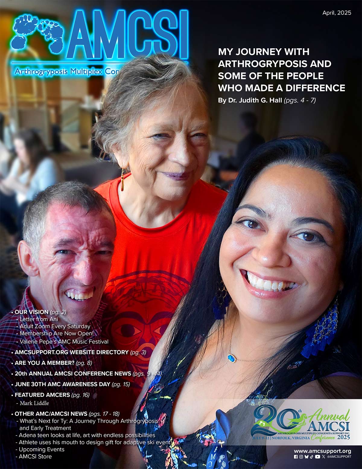 It features the April AMCSI newsletter cover of Marty, Dr. Judith G. Hall, & Ani Samargian. The background is a light blue to blue gradient with a step & repeat that says, ‘JOIN OUR NEWSLETTER’ in blue, bold letters. At the bottom left are the Facebook, Instagram, BlueSky, TikTok, YouTube & X logos with @AMCSUPPORT & on the right, the hashtags #AMCSI & #JoinOurNewsletter in white.