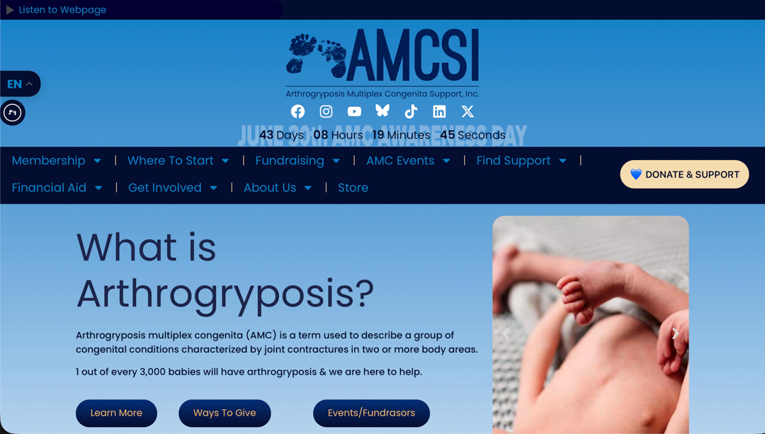 Screenshot of the AMCSI Official Website homepage featuring resources, support, awareness programs, conferences, and community connections for individuals and families affected by Arthrogryposis Multiplex Congenita (AMC).”